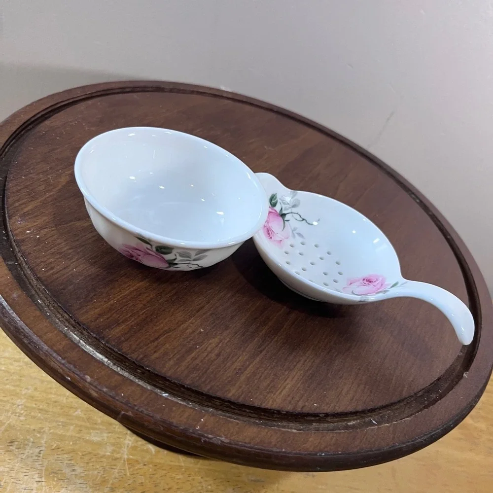 Vtg Allyn Nelson Porcelain Tea Strainer and Drip Bowl Set Pink Rose Floral 2pc